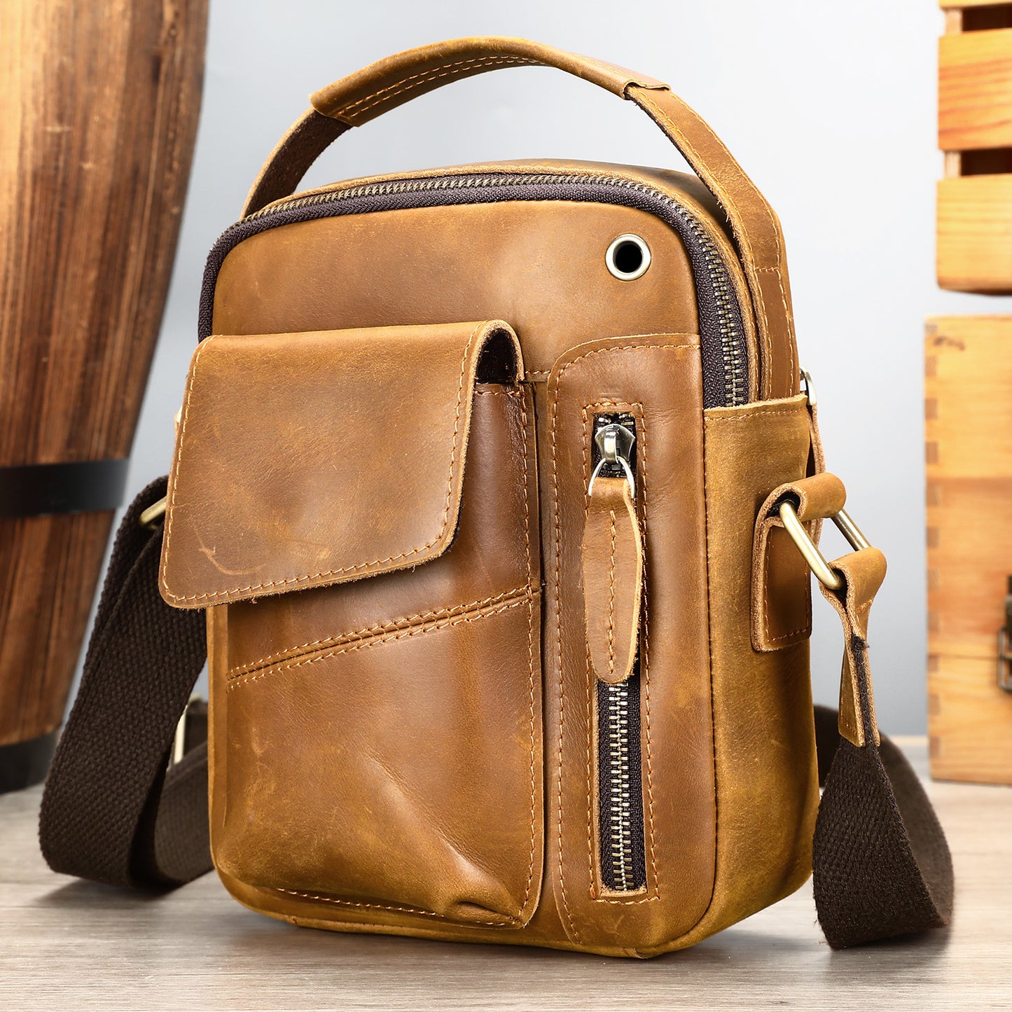 Men's Crazy Horse Leather Genuine Vertical Cell Men's Shoulder Bags