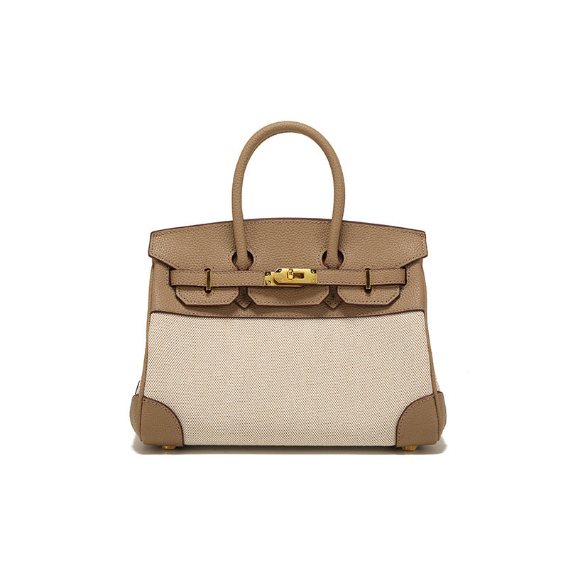 Women's Spring Design Leather With Canvas Contrast Shoulder Bags