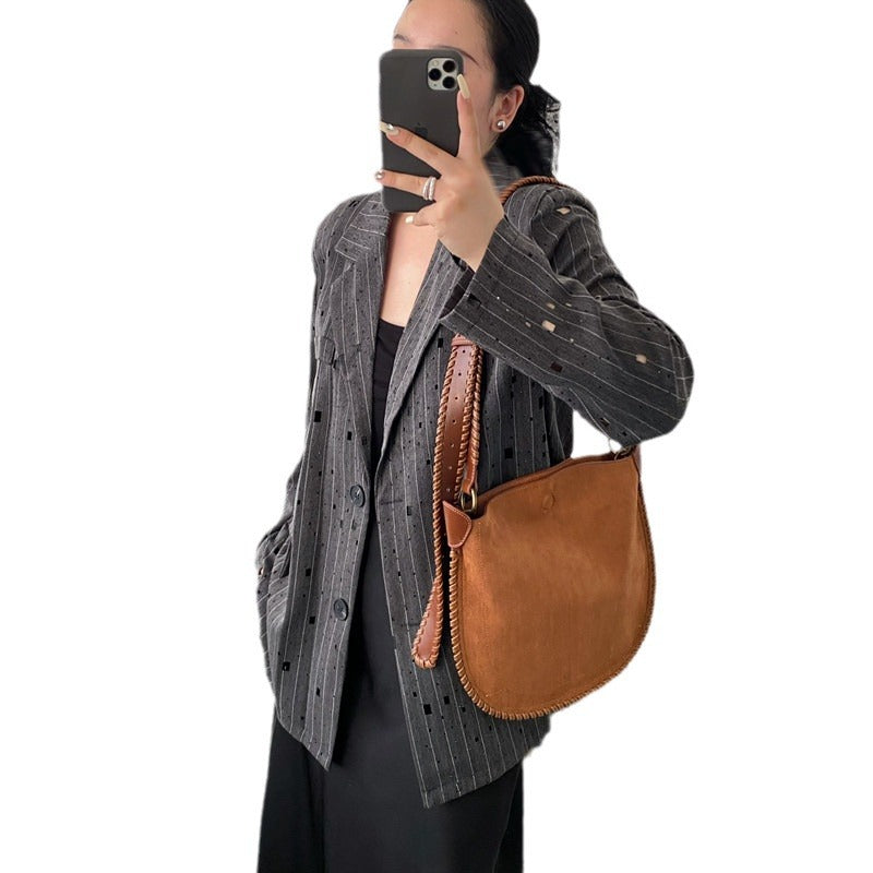 Design Vintage Frosted Suede Woven Saddle Shoulder Bags