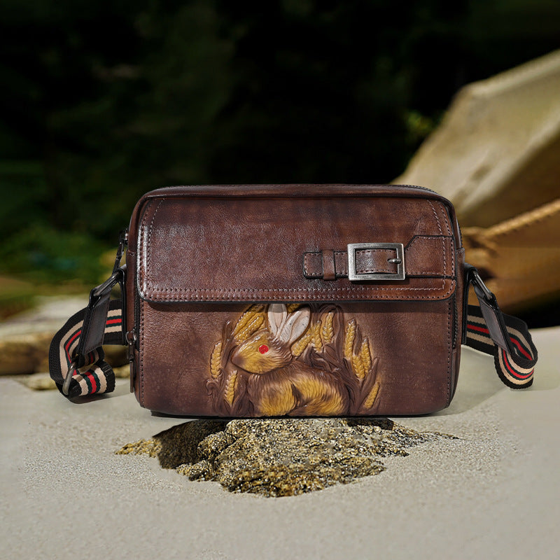 Chinese Style Embossed Rabbit First Layer Shoulder Bags