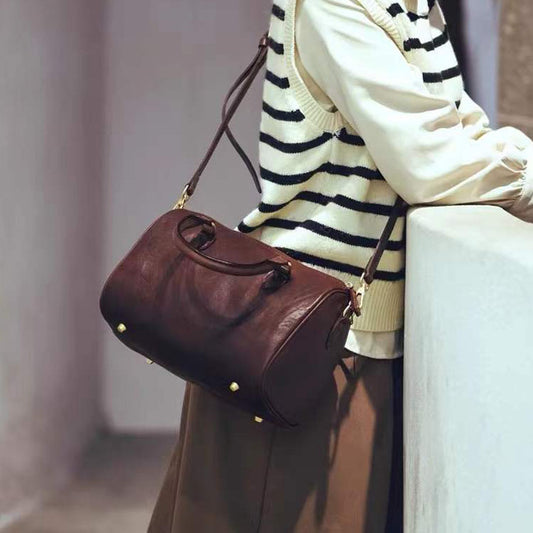 Women's Cowhide Artistic Retro Boston Hand Holding Bags