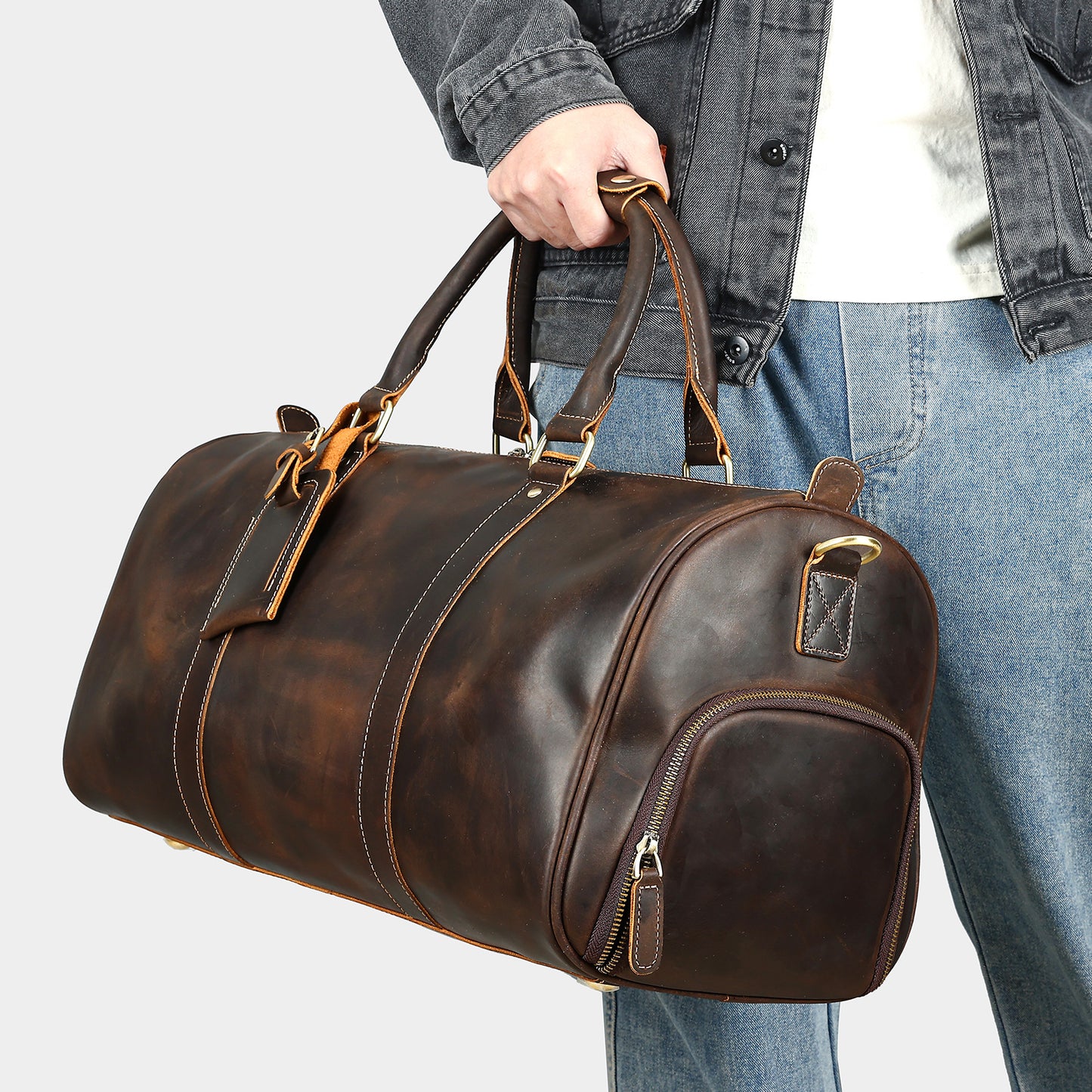 Men's Crazy Horse Leather Large Capacity Independent Shoe Warehouse Travel Bags