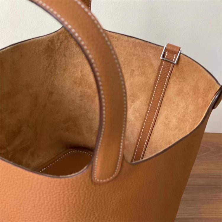 Women's Basket Lychee Pattern First Layer Cowhide Solid Bucket Bags