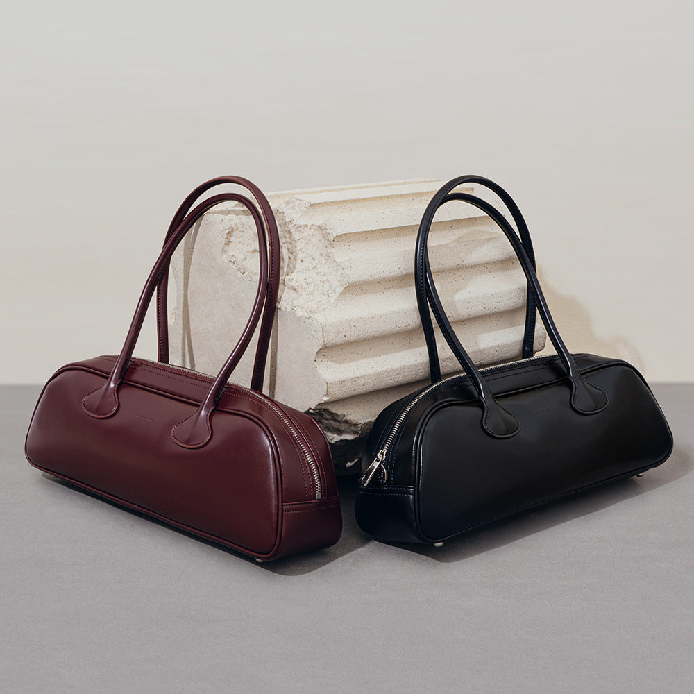 Korean Style Niche Retro Bowling Versatile Cowhide Underarm Bags