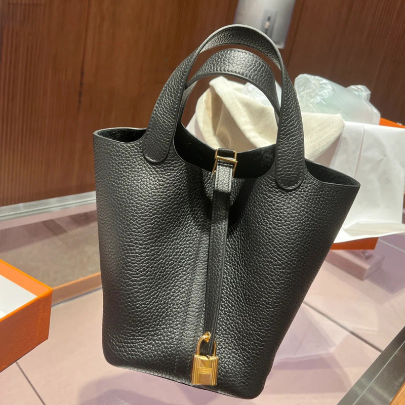 Women's Line Vegetable Basket Genuine Leather Litchi Pattern Handbags