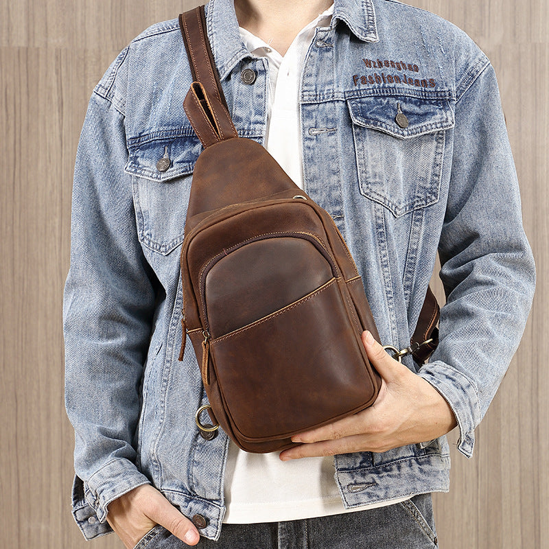 Men's Top Layer Cowhide Leather Large Capacity Portable Men's Chest Bags