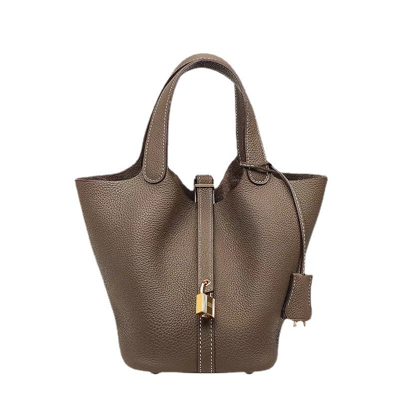 Women's Color Matching Vegetable Basket Genuine Leather Litchi Pattern Handbags