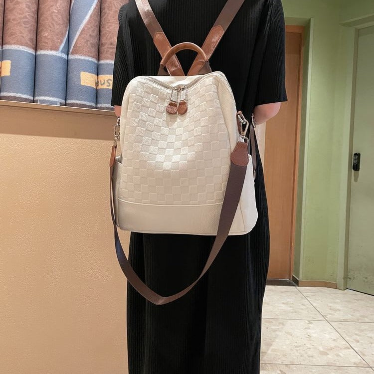 Women's Chessboard Plaid Soft Leather High-grade Fashion Backpacks