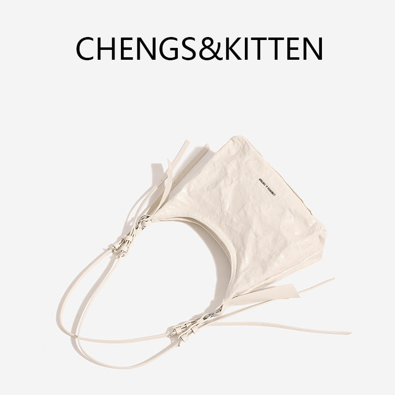 Women's Pleated Oil Wax Leather Underarm Genuine Bags