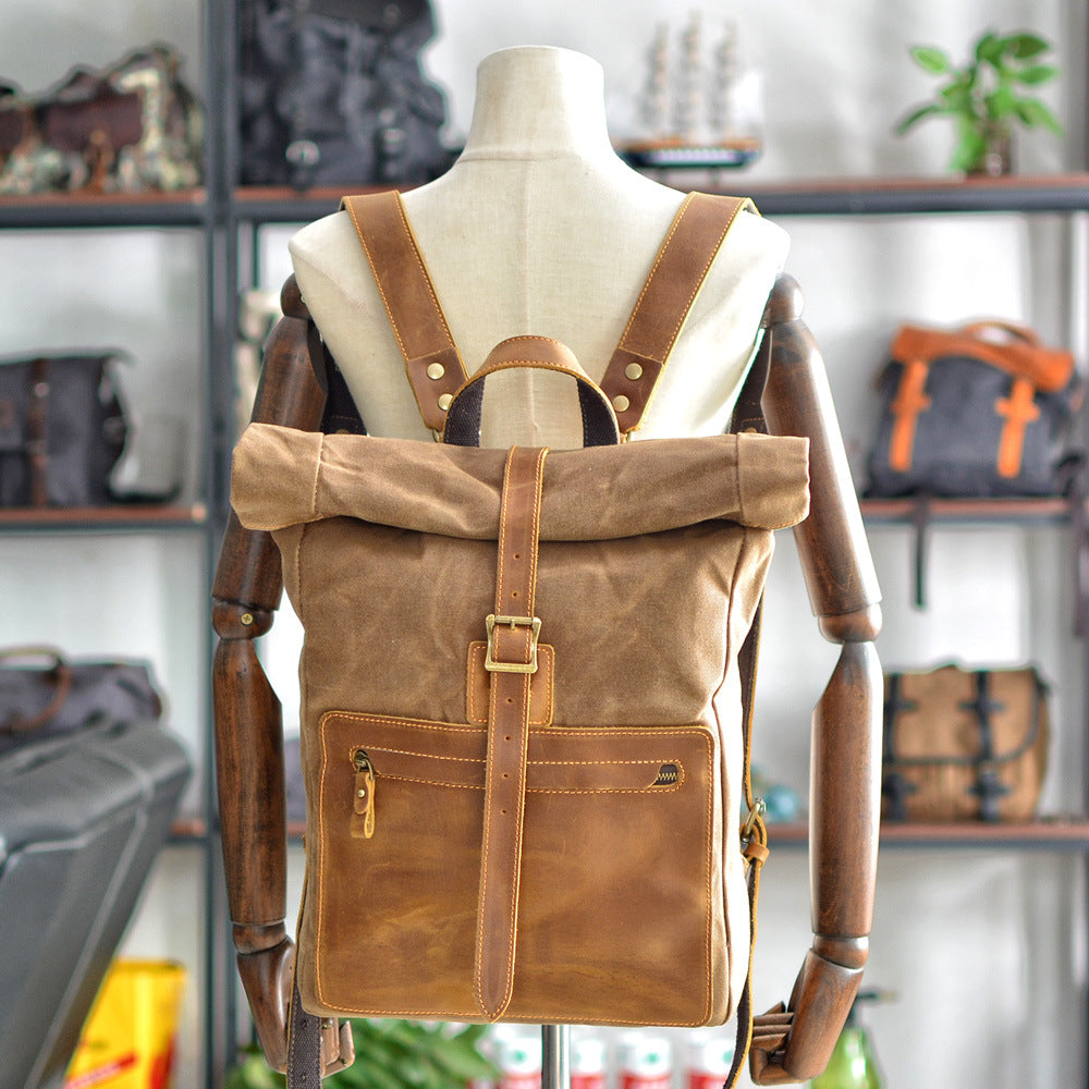 Men's Simple Retro Wax Canvas With Leather Backpacks