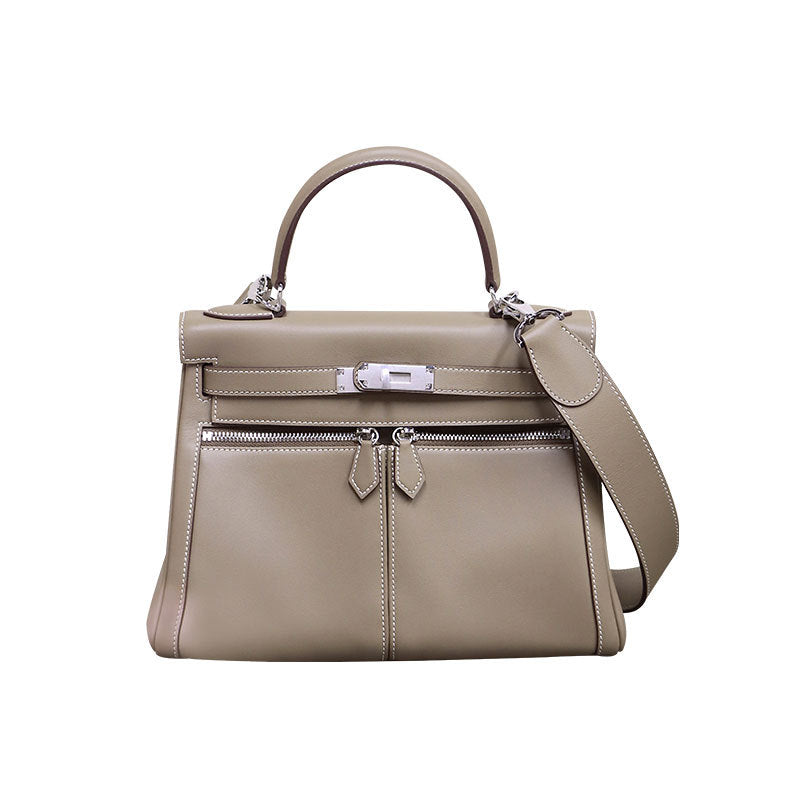 Women's Wide Strap Leather Kelly Double Pocket Crossbody Bags