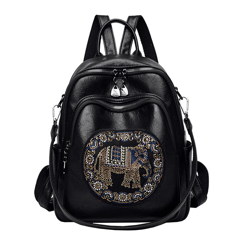 Women's Sheepskin Embroidered Lucky Elephant High-grade Rhinestone Backpacks