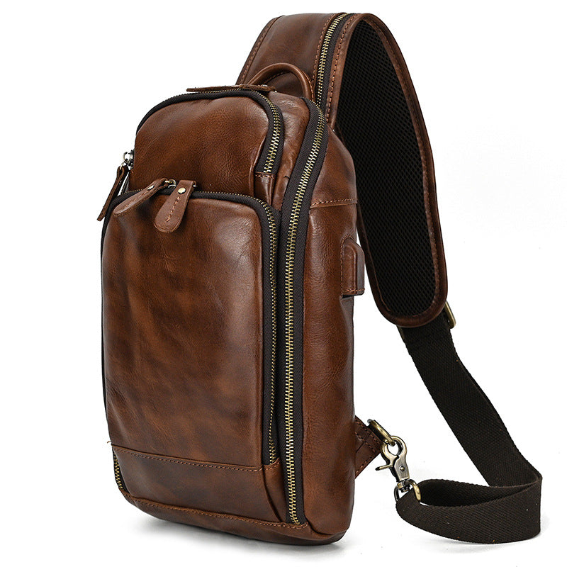 Men's Retro Leather Charging Crazy Horse Large Men's Chest Bags