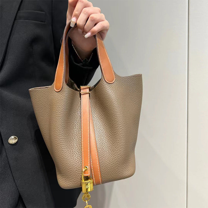 Women's Imported Leather Color Matching Vegetable Basket Handbags