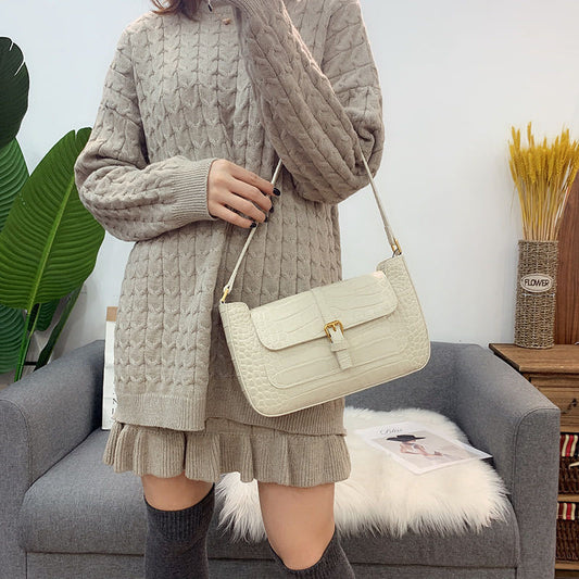 Women's Crocodile Pattern Niche Underarm Baguette Genuine Shoulder Bags