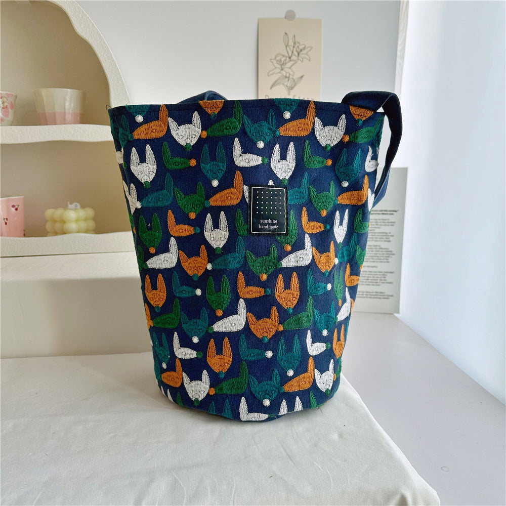 Women's Cotton Linen Embroidery Fabric Round Barrel Bucket Bags
