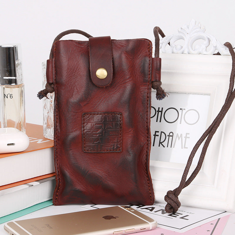 Women's Pleated Retro Leather Vegetable Tanning Mini Phone Bags