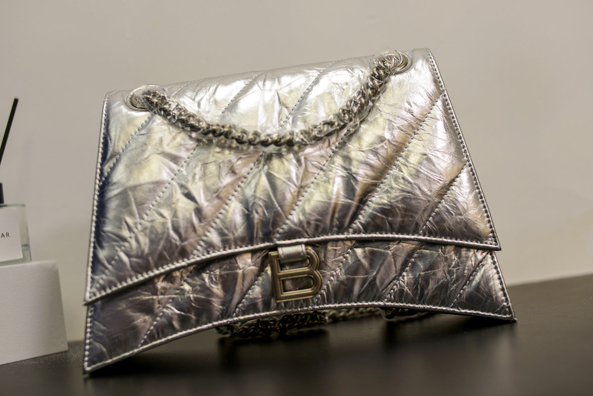 Layer Cowhide Hourglass Pleated Rhombus Chain Single Shoulder Bags