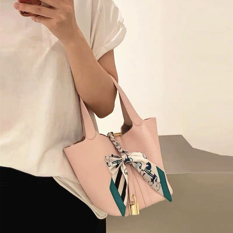 Women's Color Matching Vegetable Basket Genuine Leather Litchi Pattern Handbags