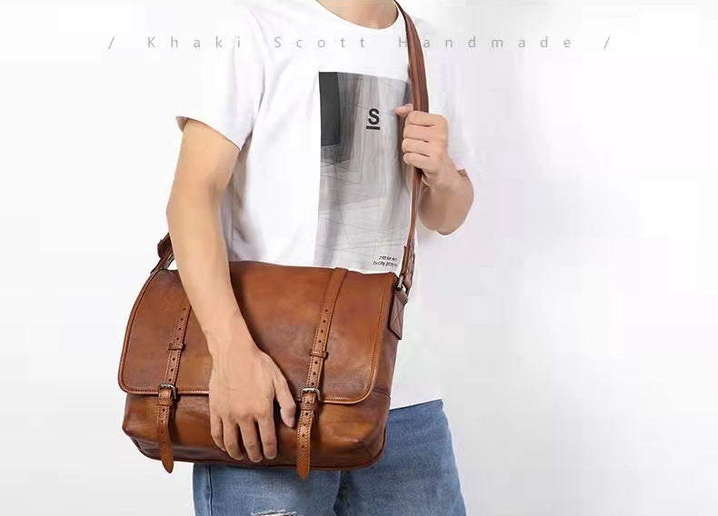 Men's Retro Cowhide Commuter Portable Green Motorcycle Men's Messenger Bags