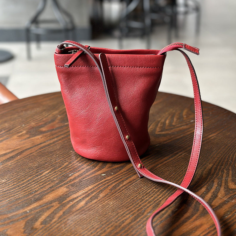 Women's Style Top Layer Cowhide Mini Retro Bucket Bags