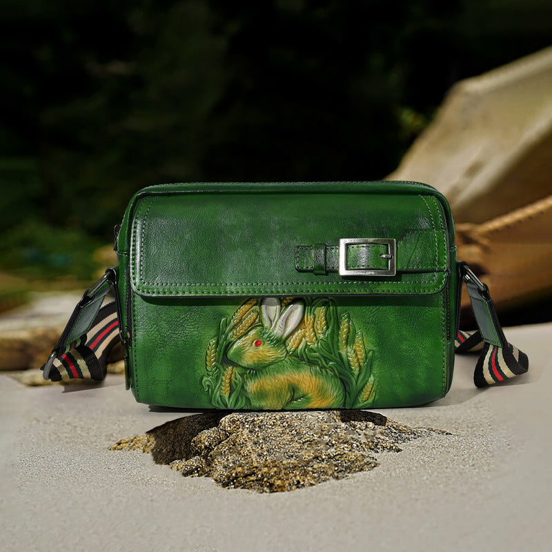 Chinese Style Embossed Rabbit First Layer Shoulder Bags