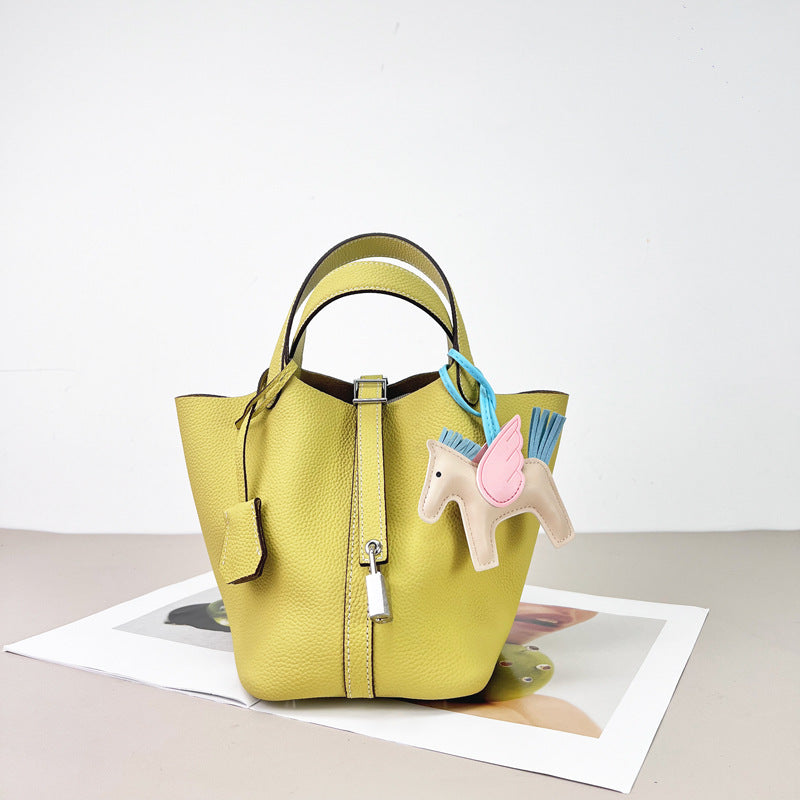 Women's Vegetable Basket Genuine Leather Litchi Pattern First Layer Handbags