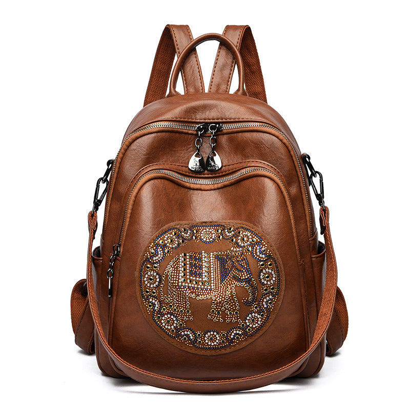 Women's Sheepskin Embroidered Lucky Elephant High-grade Rhinestone Backpacks