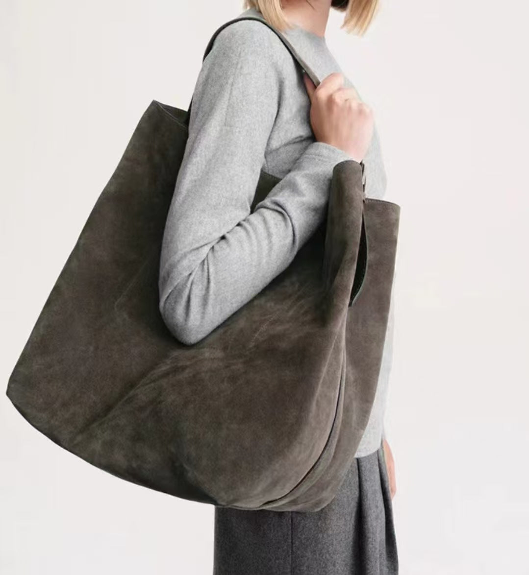 Women's Vintage Suede Matte Cowhide Genuine Leather Tote Bags