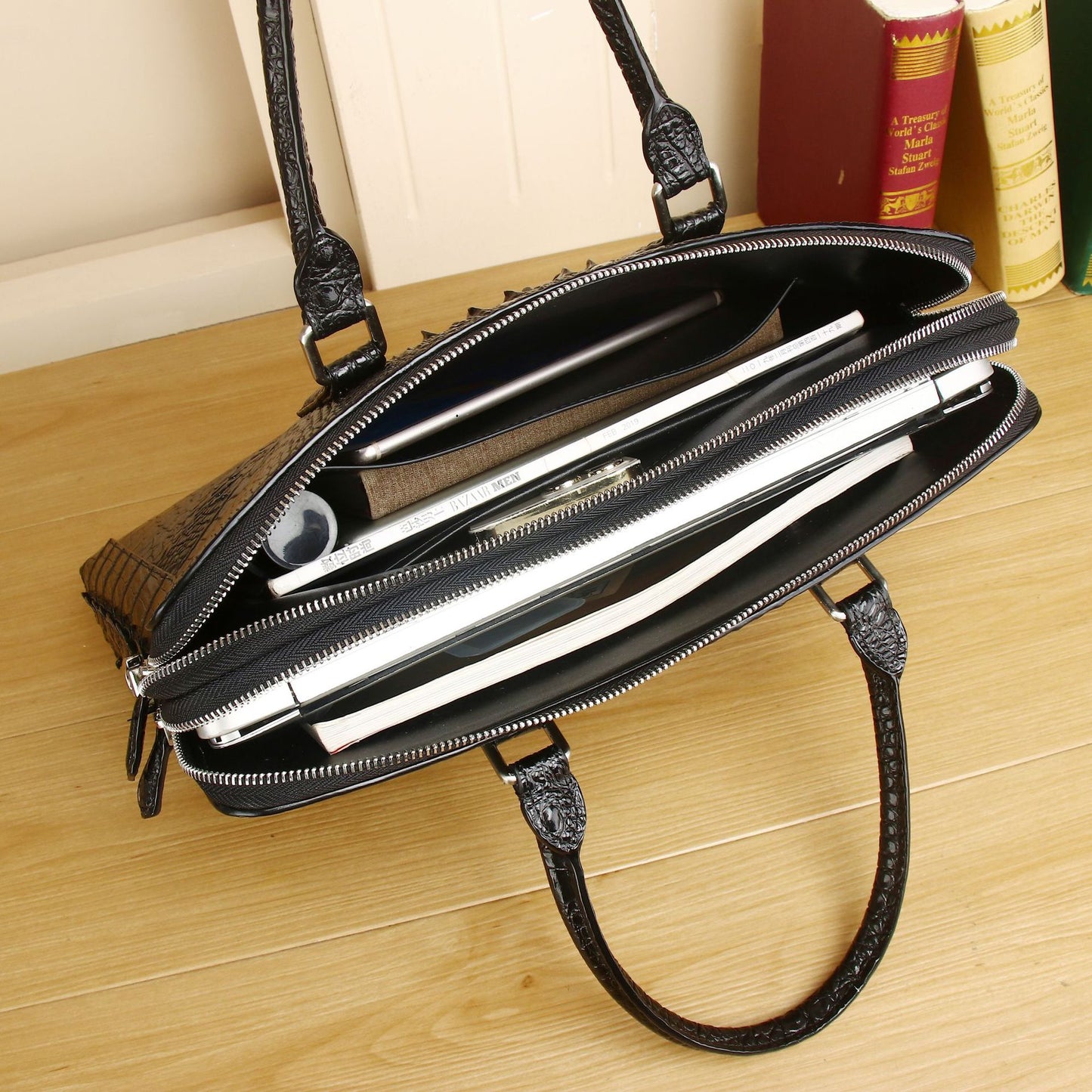 Men's Crocodile Pattern Double Layer Zipper Business Men's Briefcases