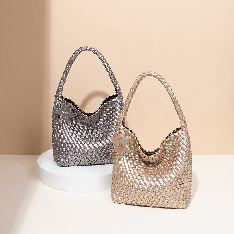 Women's Live Broadcast Champagne Gold Woven Large Shoulder Bags
