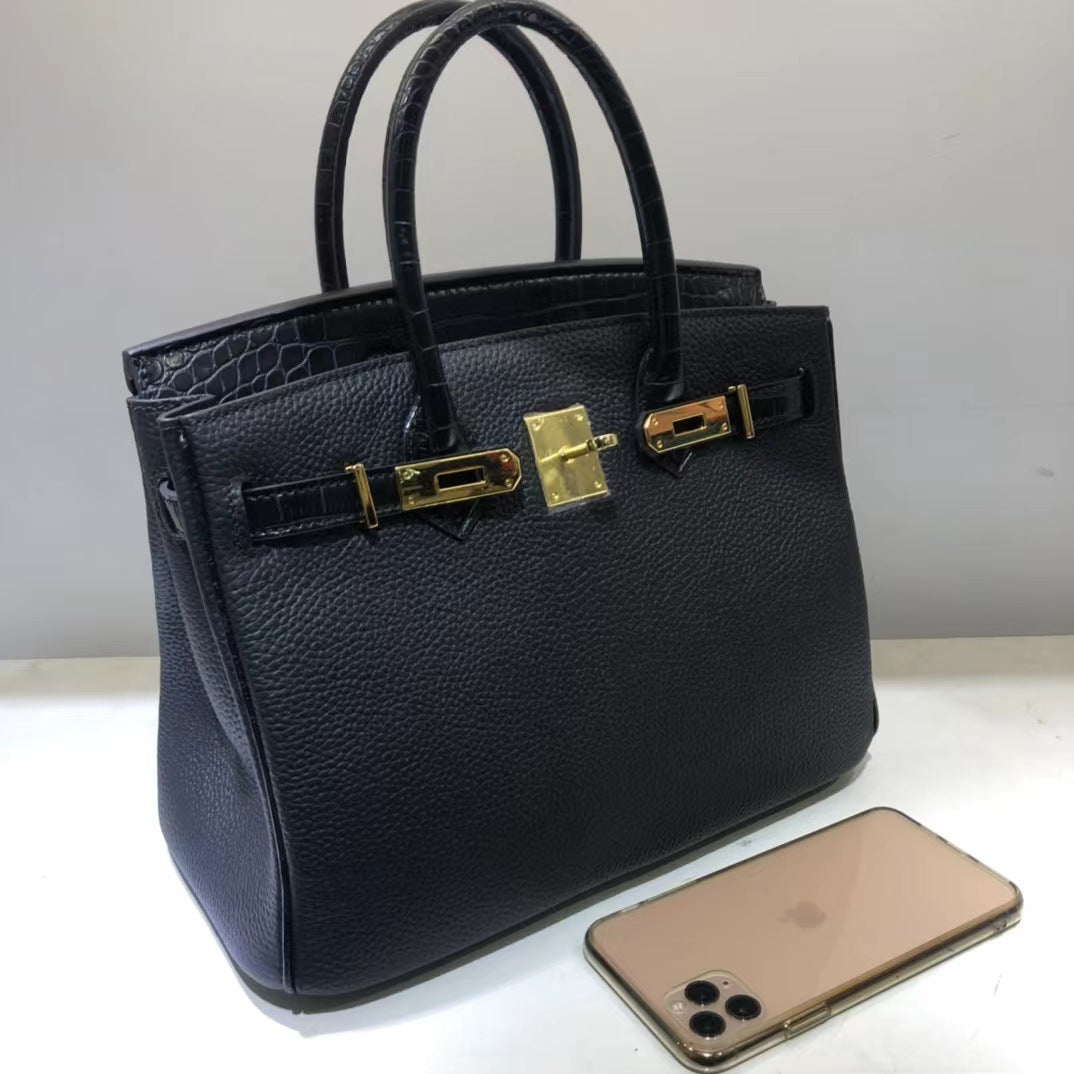 Pattern Color Matching Calfskin Litchi Genuine Handbags