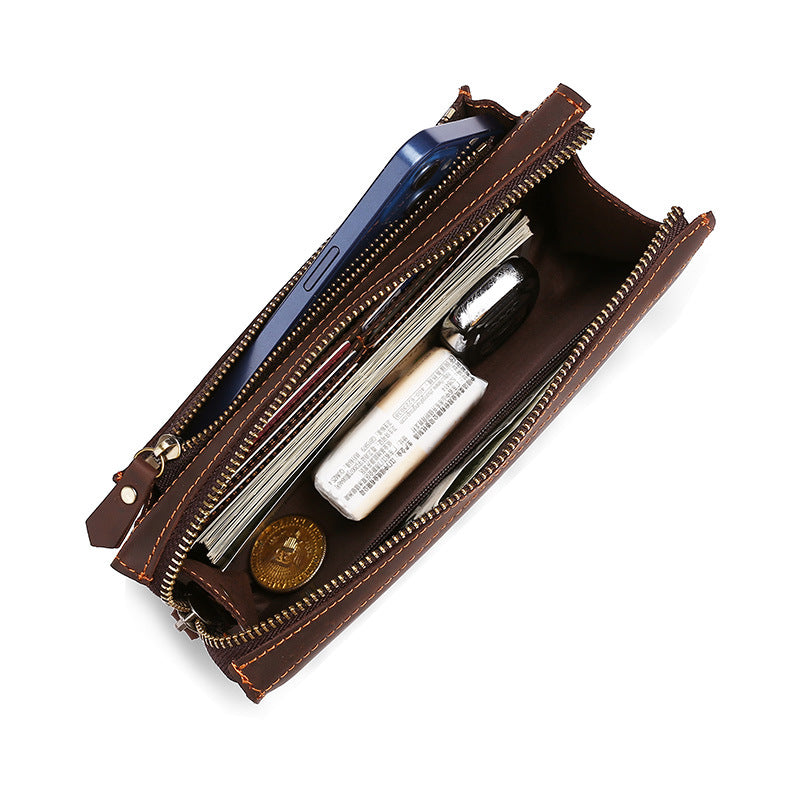 Men's Leather Long Zip Clutch Crazy Horse Phone Bags