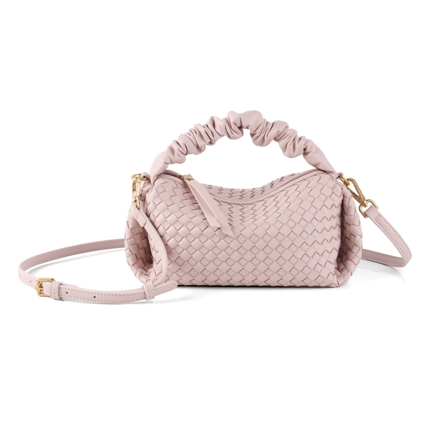 Soft Leather Woven Pleated Wooden Ear Portable Handbags