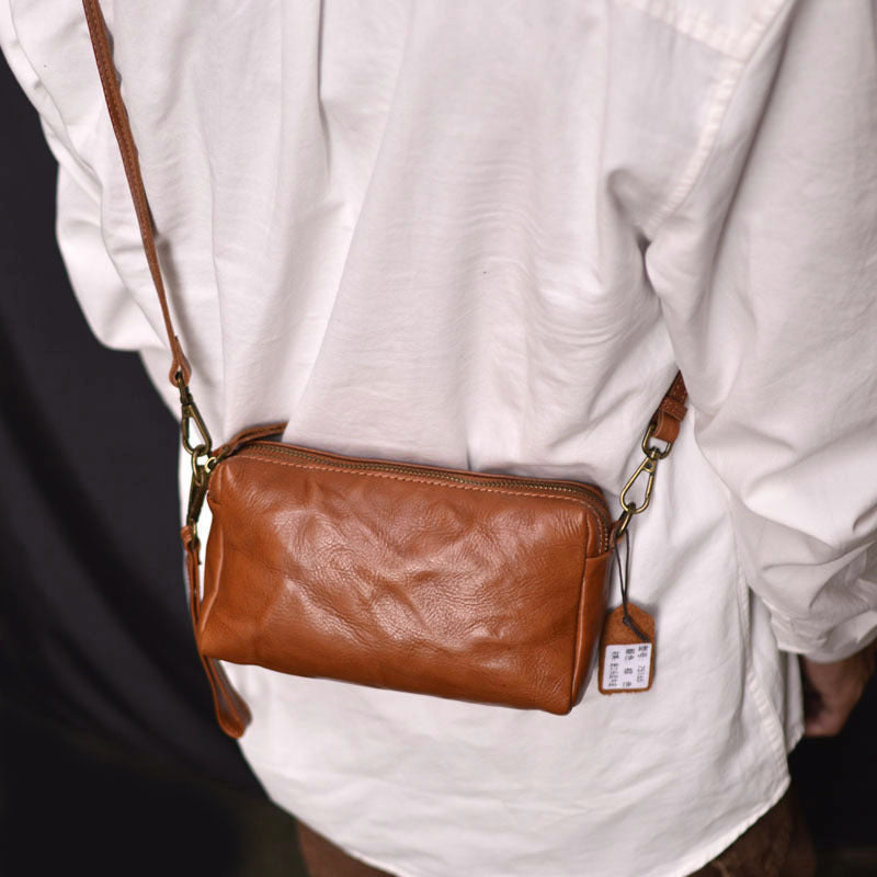 Men's Leather Horizontal Top Layer Cowhide Personality Pleated Design Zipper Men's Messenger Bags