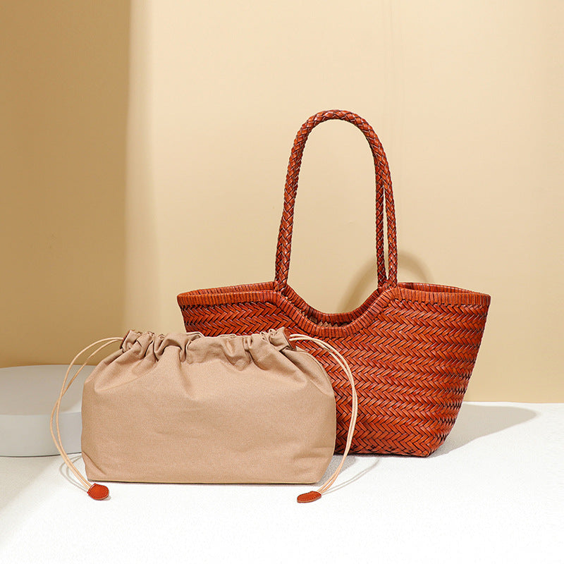 Retro Vegetable Basket Top Layer Cowhide Leather Design Tote Bags