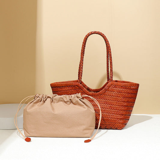Retro Vegetable Basket Top Layer Cowhide Leather Design Tote Bags
