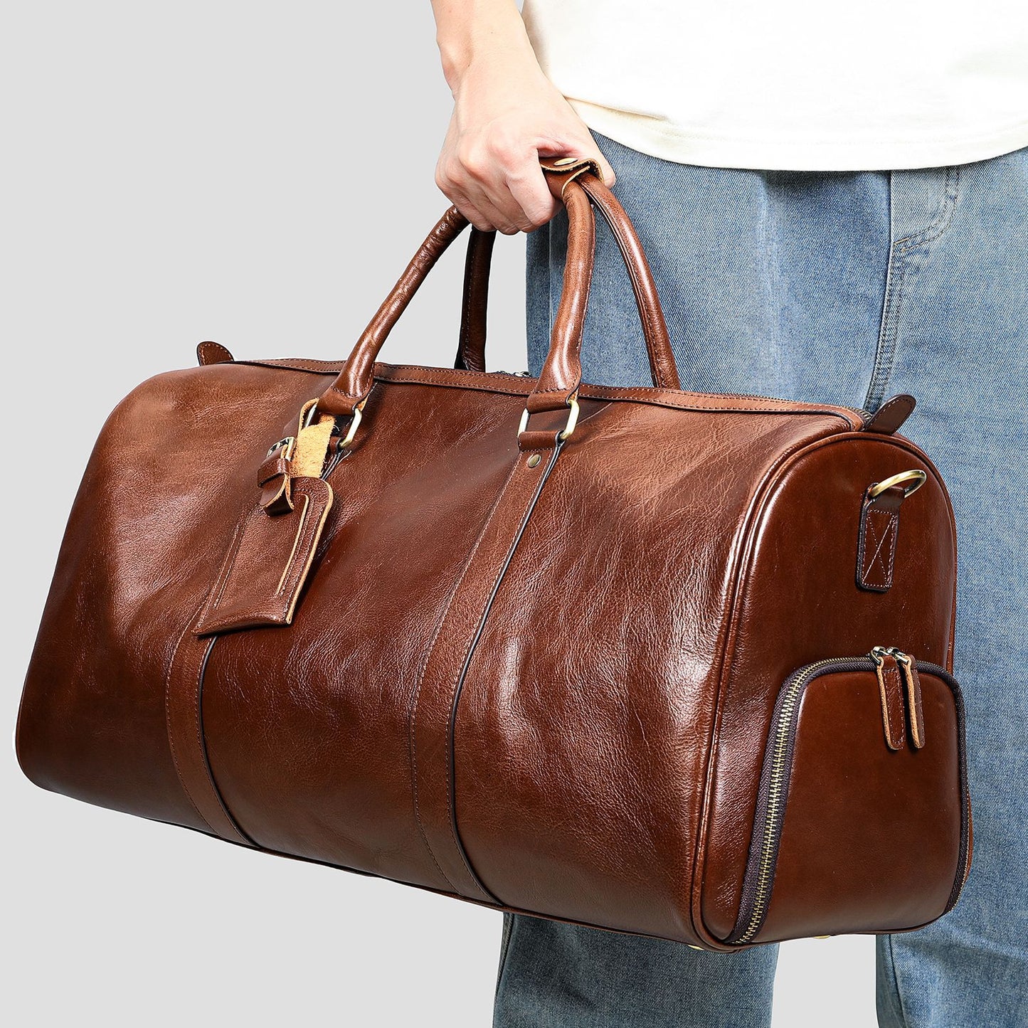 Men's Traveling Black With Shoe Position Cowhide Travel Bags