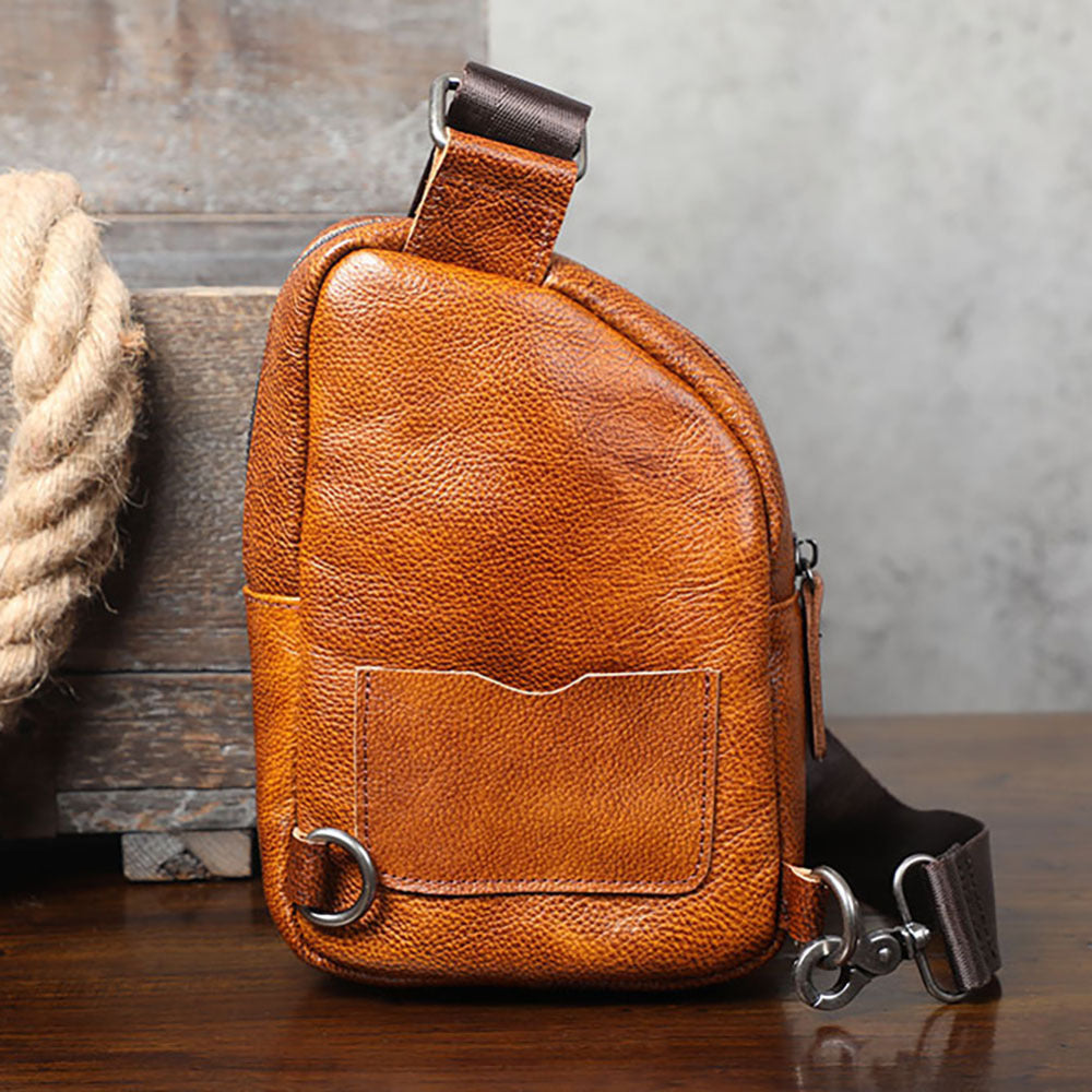 Men's Trendy Leather Top Layer Cowhide Large Men's Chest Bags