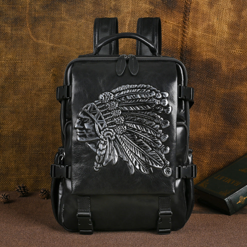 Men's Old First Layer Leather Embossing Brush-off Backpacks