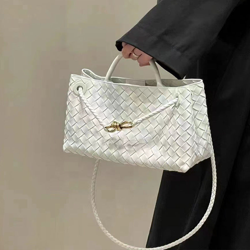 Women's Design Metal Cord Fastener Authentic Leather Weave Portable Bags