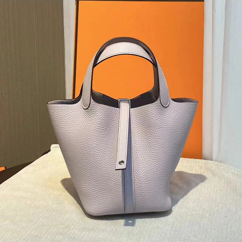 Women's Line Vegetable Basket Genuine Leather Litchi Pattern Handbags