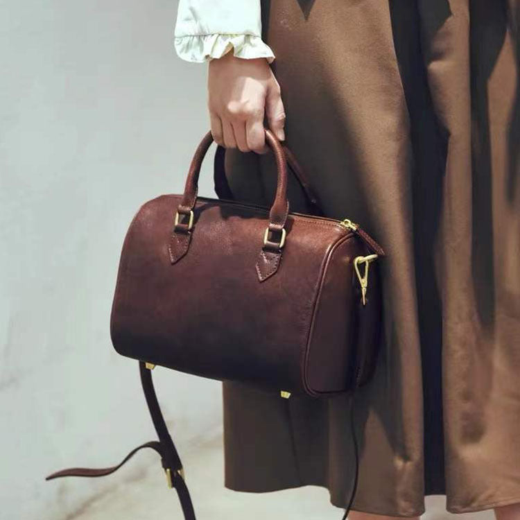 Women's Cowhide Artistic Retro Boston Hand Holding Bags