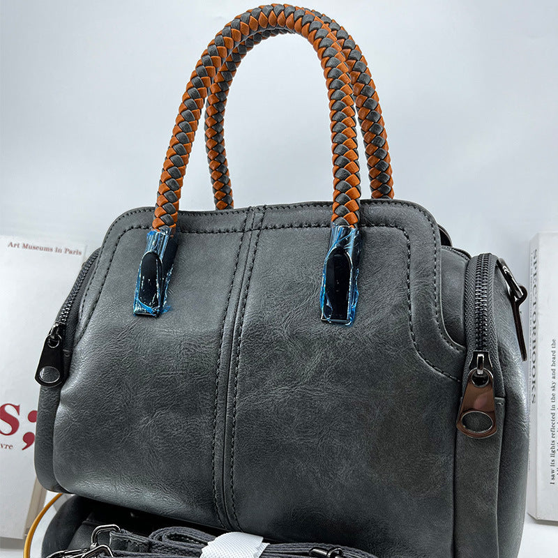 Women's Big Boston Soft Leather Fashion Woven Handbags