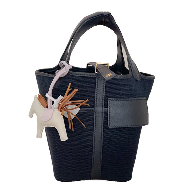 Vegetable Basket Canvas Stitching Plain Cowhide Bags