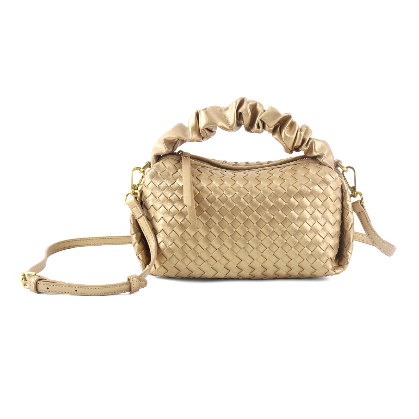 Soft Leather Woven Pleated Wooden Ear Portable Handbags