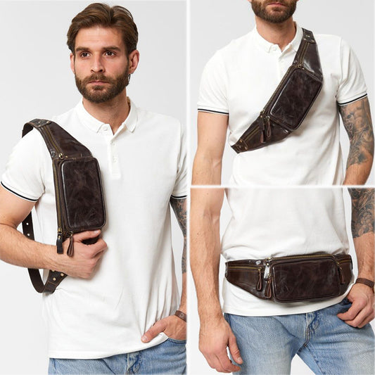 Men's Cowhide Vintage Multifunctional Oil Wax Genuine Men's Chest Bags