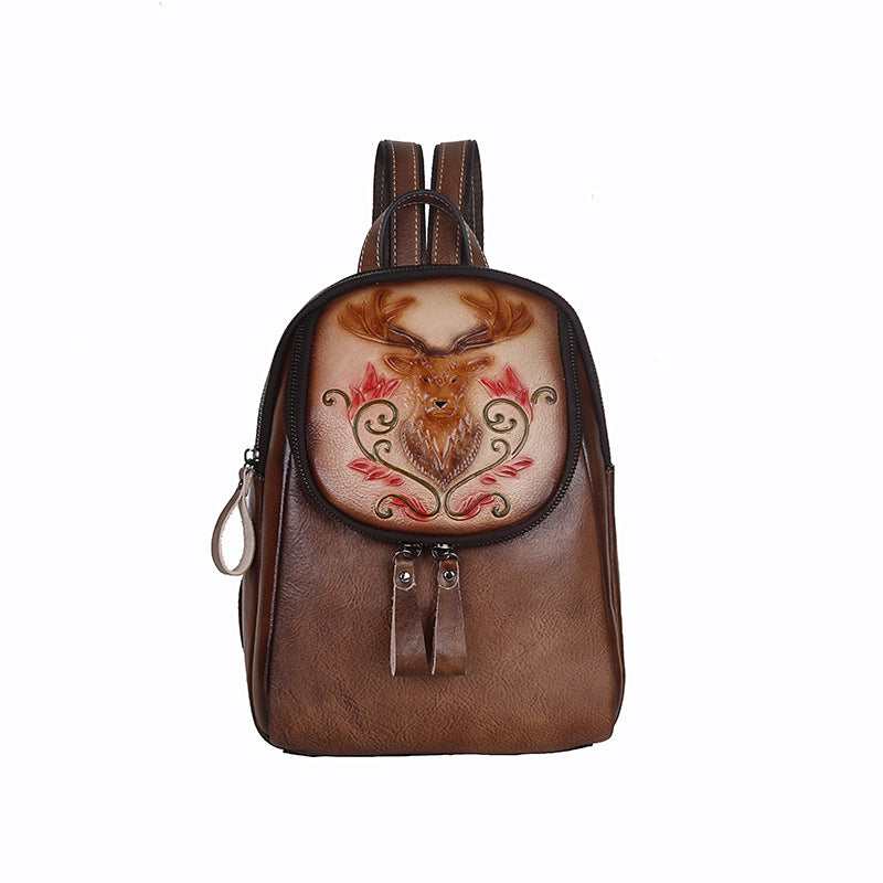 Women's Layer Cowhide Personality Retro Embossing Cow Leather Fashion Backpacks
