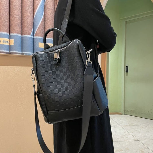 Women's Chessboard Plaid Soft Leather High-grade Fashion Backpacks