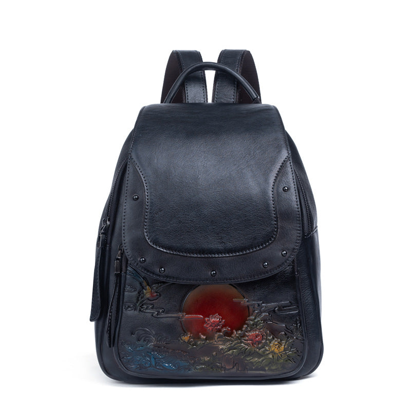 Large Capacity Retro Embossing Craft Straight Hair Artistic Backpacks